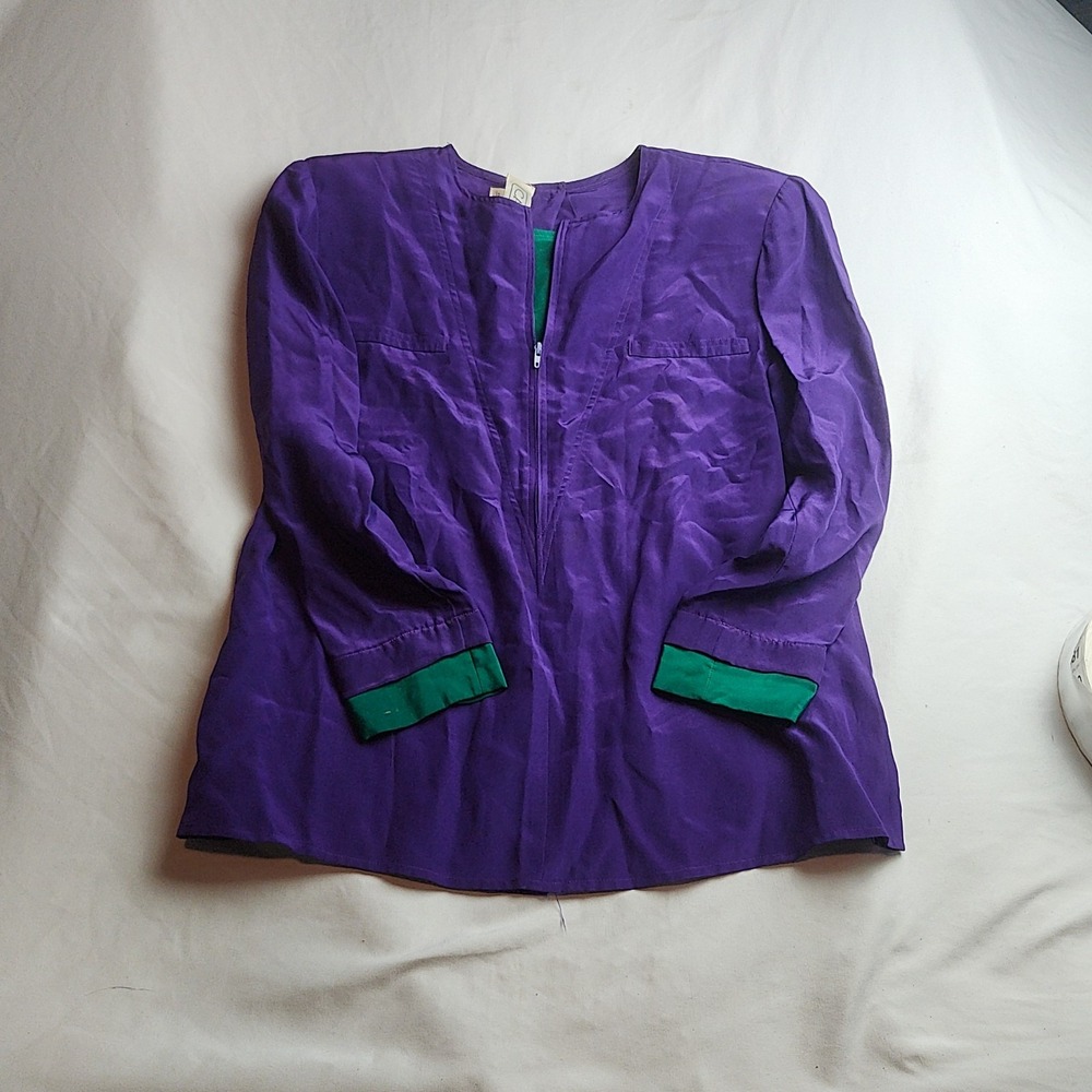 Carlisle 100% Silk Blouse Purple Green Colorblock Cuffs Zip Front Women's Size 6